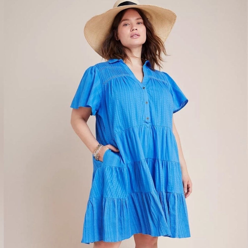 Anthropologie Georgina Dress Blue Mini Dress Tiered Large